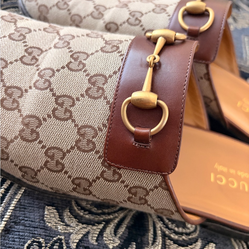 Gucci Beige and Brown Monogram Mules with Gold Detail - Picture 5 of 8